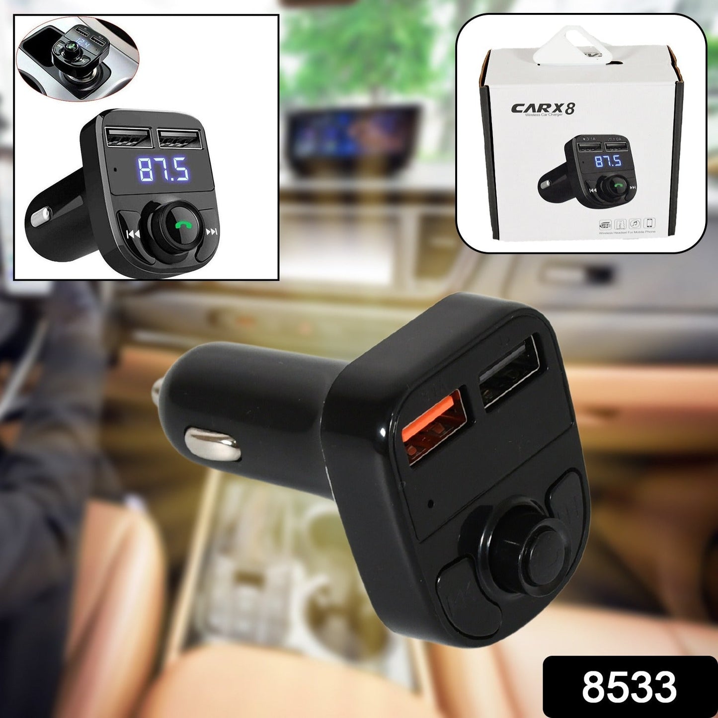 CAR-X8 Bluetooth FM Transmitter Kit for Hands-Free Call Receiver / Music Player / Call Receiver / Fast Mobile Charger Ports for All Smartphones with 3.1A Quick Charge Dual USB Car Charger