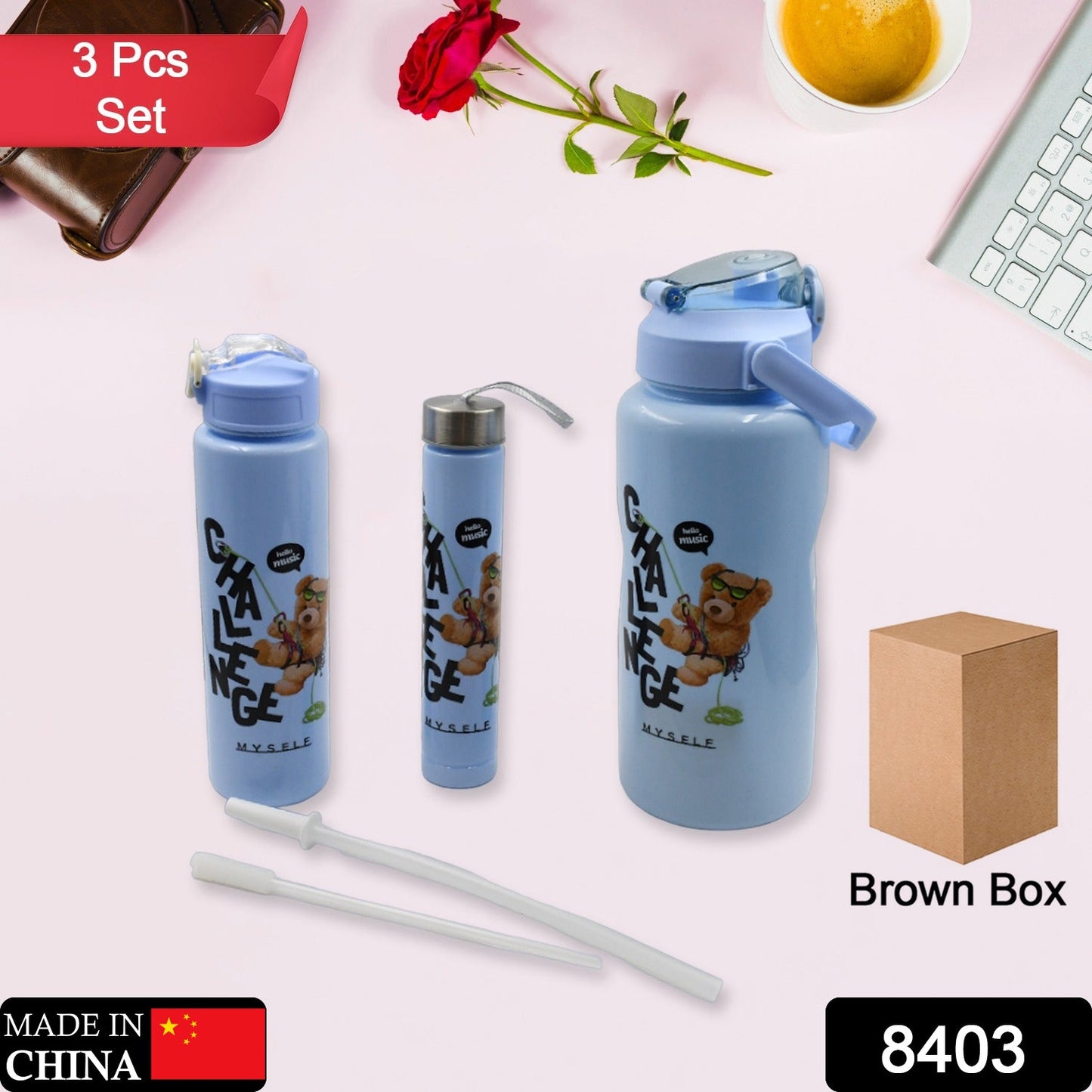 Plastic Water Bottle 3pc Set,3 Different Size Bottle High Quality Water Bottle Plastic Water Bottle BPA-Free & Leak-Proof! Cartoon Printed Design for Kids' School, For Fridge, Office, Sports, School, Gym, Yoga (3 Pc Set)