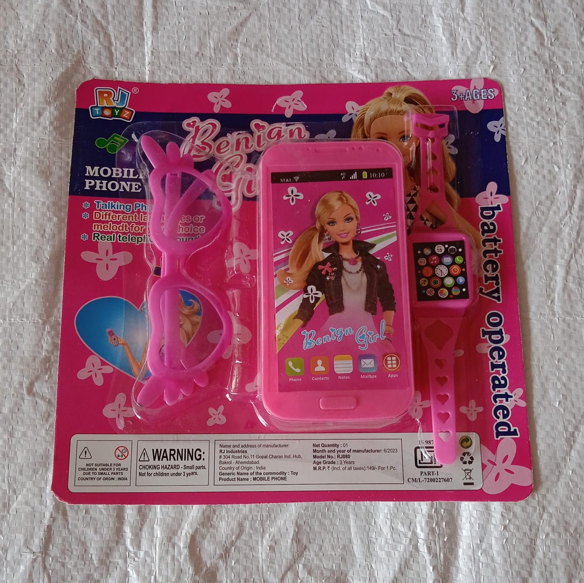 Barbiee Phone, Watch and Glasses Set for Girls, Beautiful Barbie Musical phone ABS Plastic Toy Battery Operated Barbie Glass | Musical Mobile Phone / Toddler / Toy Phone for Kids / Calling Toy Phone (3 Pcs Set, Battery Not Included)